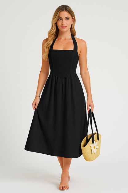 Women’s Halter Neck Dress – Cotton Linen Blend – Sleeveless A-Line – Midi Casual Fit