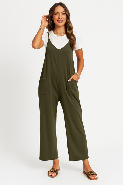 Women’s Jumpsuit – Relaxed Fit – Wide Leg – Sleeveless V-Neck – Lightweight Cotton Blend