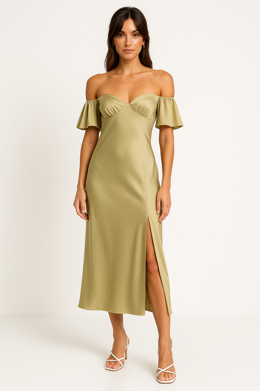 Satin Slim Fit Off-Shoulder Midi Dress