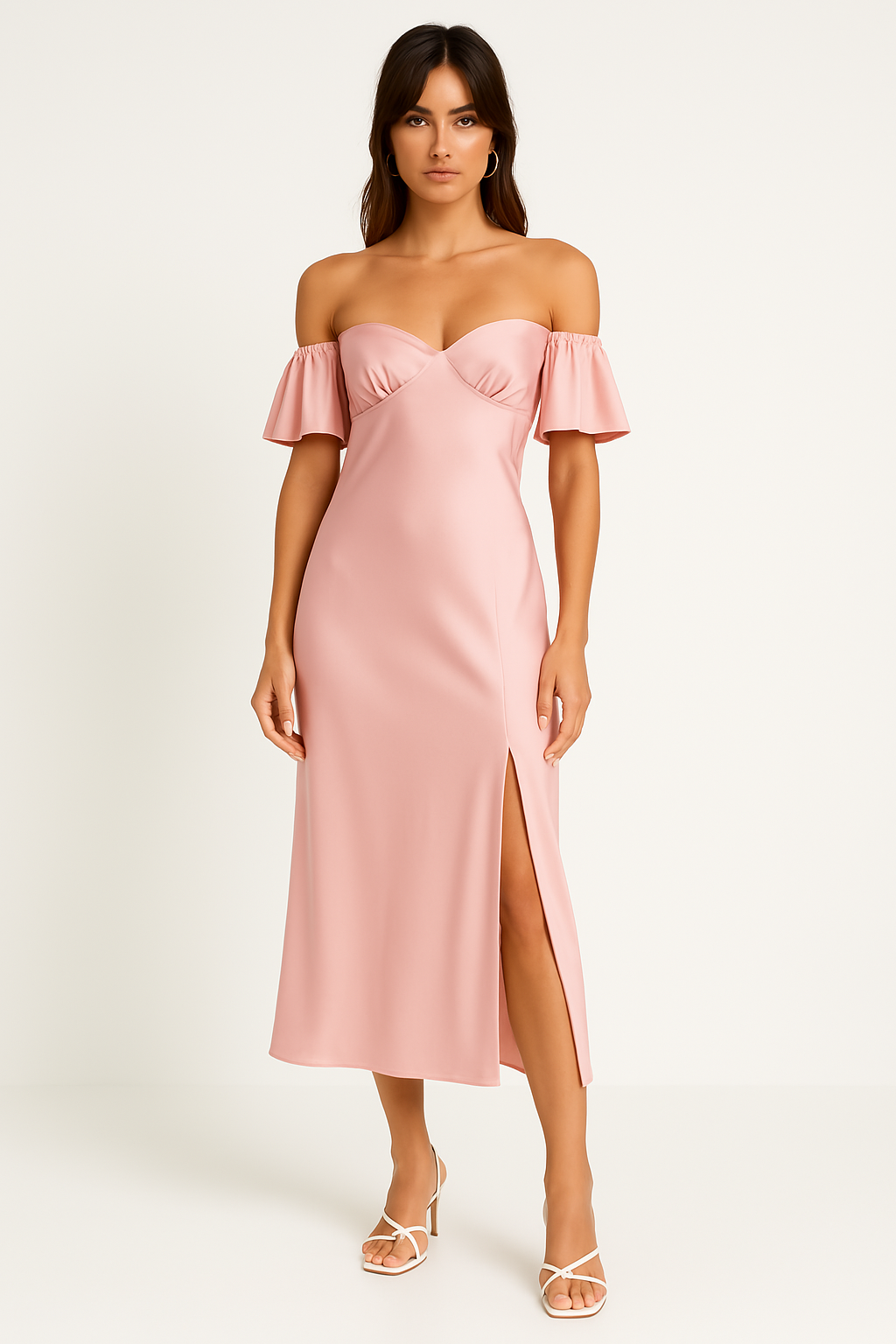 Women’s Midi Dress – Satin Fabric – Slim Fit – Off Shoulder – V-Back – Side Slit