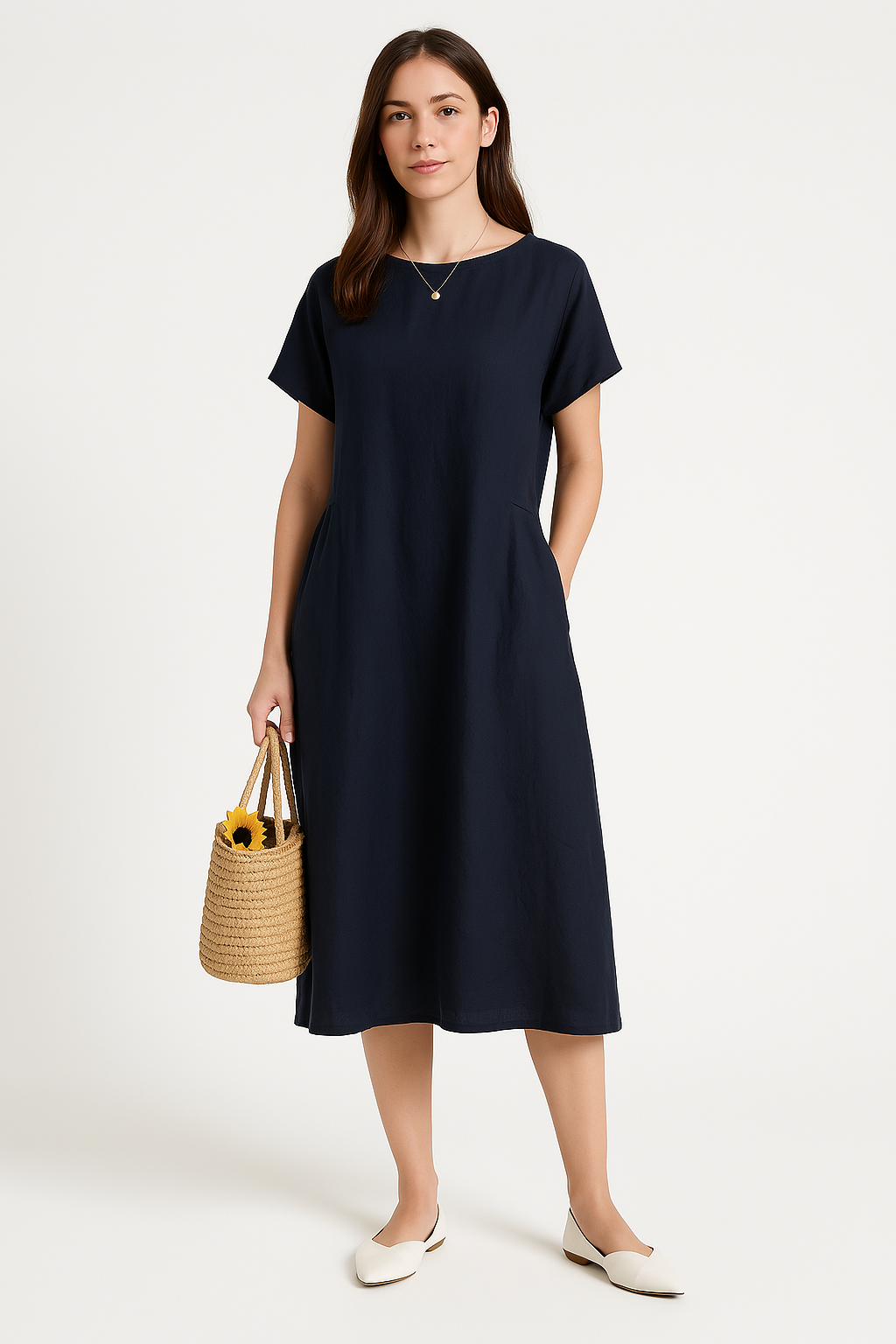 Women’s Midi Dress – Loose Fit – Breathable Fabric – Short Sleeve Casual Style