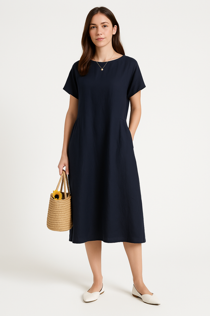 Women’s Midi Dress – Loose Fit – Breathable Fabric – Short Sleeve Casual Style