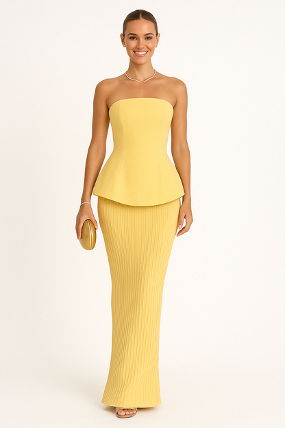 Women’s Maxi Dress – Strapless – Peplum Waist – Pleated Skirt – Tailored Fit