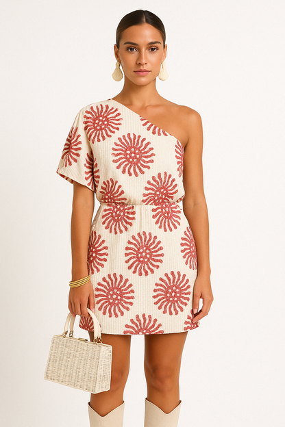Women’s Mini Dress – One Shoulder – Relaxed Fit – Cotton Blend – Bold Print
