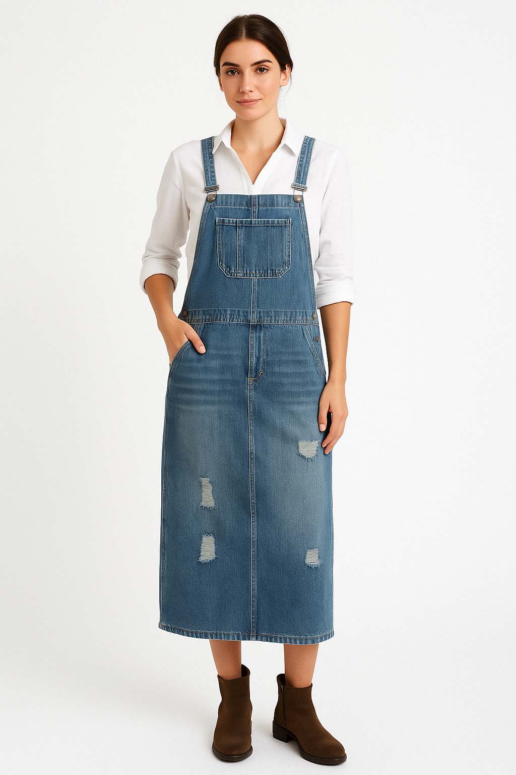 Distressed Relaxed Fit Denim Midi Dress