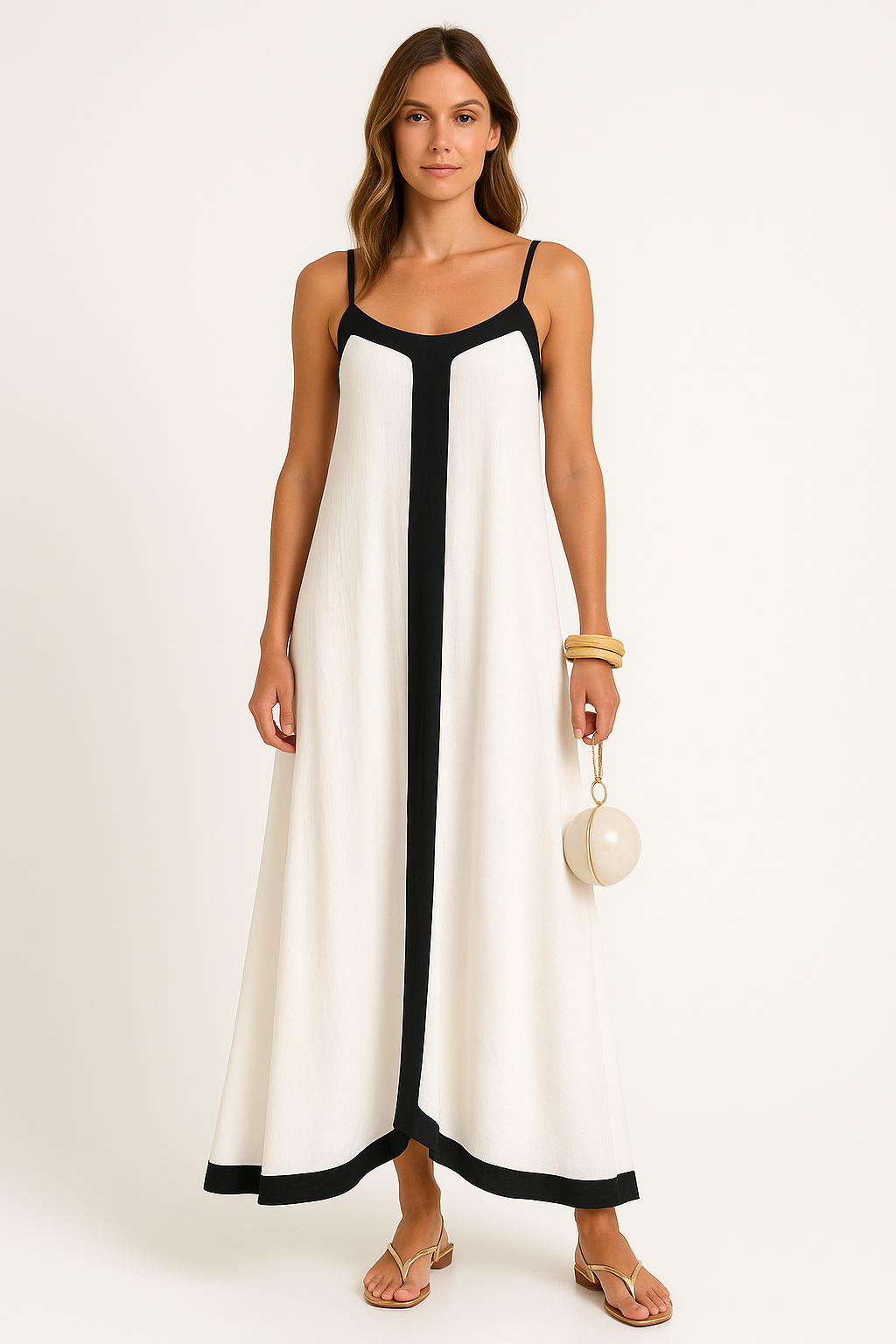 Women’s Maxi Dress – Lightweight Fabric – Loose Fit – Thin Straps – Contrast Trim