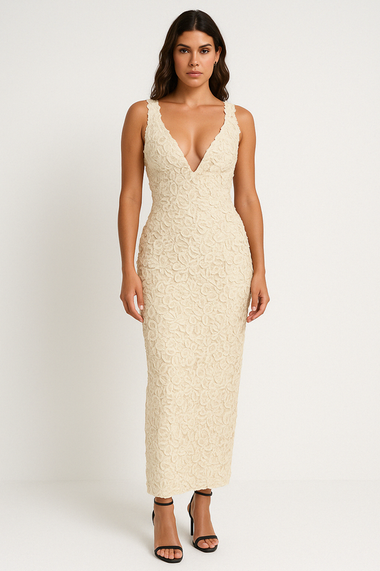 3D Floral Textured Slim Fit Evening Dress