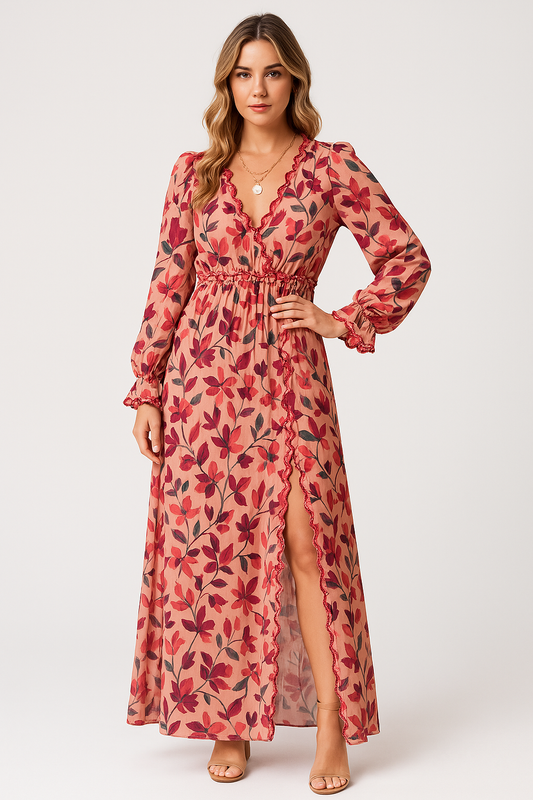 Chiffon Floral Print Ruffle Maxi Dress