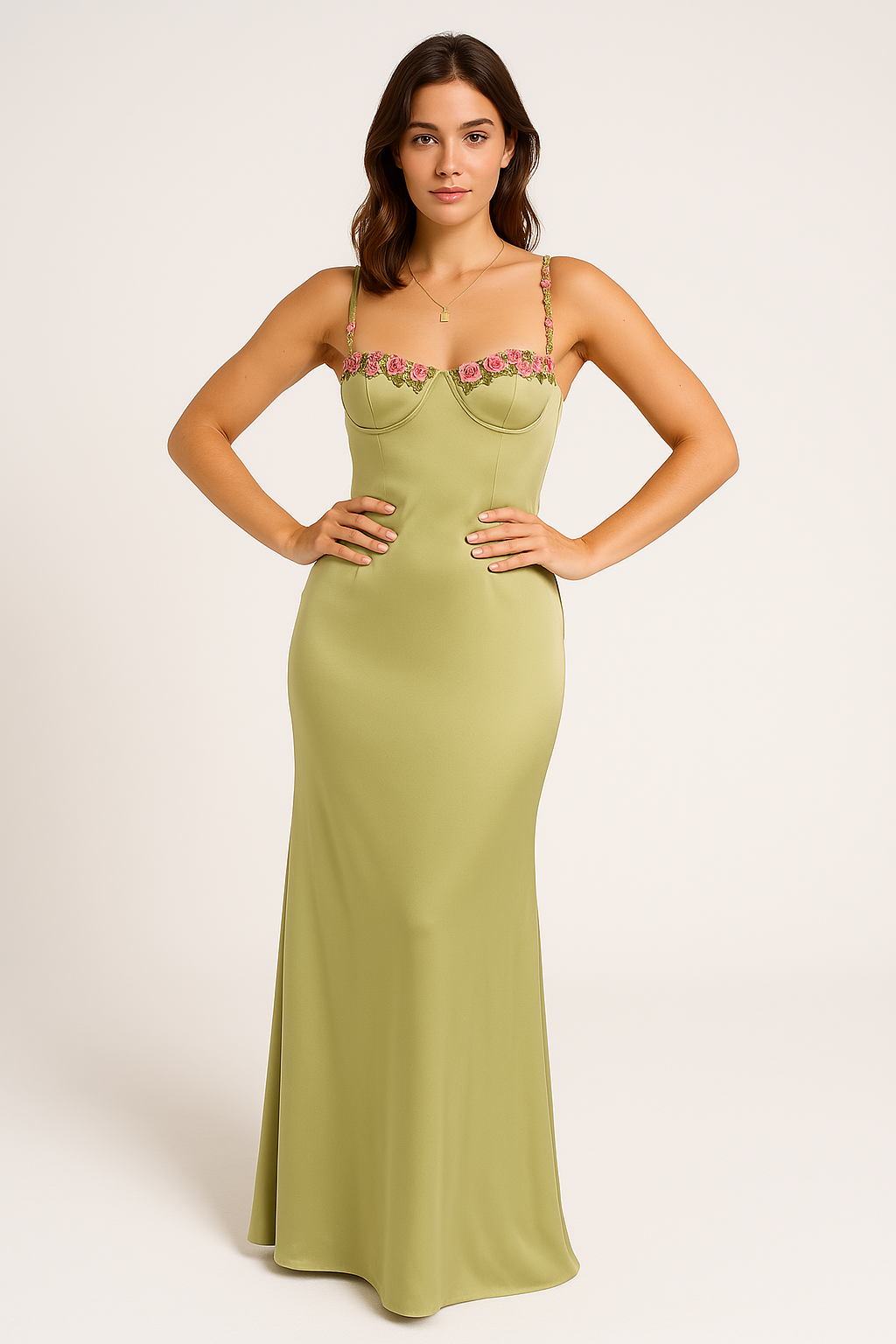 Satin Trim Lace Slim Fit Long Dress