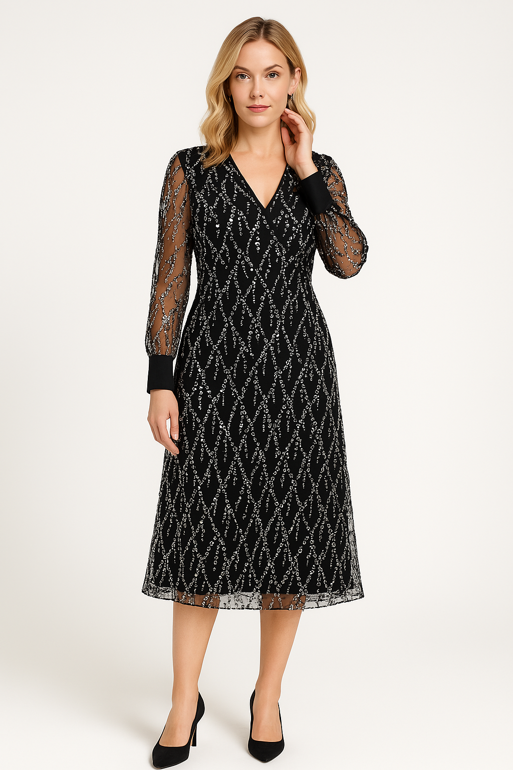 Sequin Embellished Fitted V-Neck Long Sleeve Dress