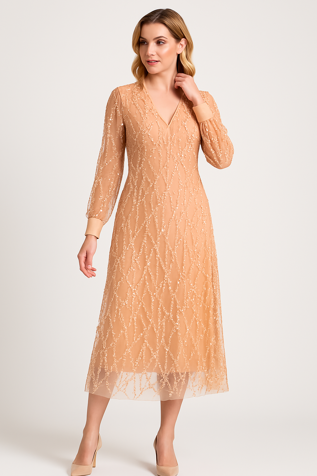 Sequin Embellished Fitted V-Neck Long Sleeve Dress