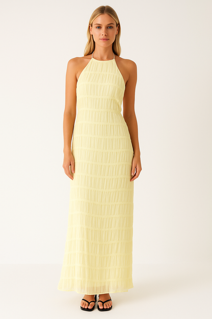 Women’s Maxi Dress – Halter Neck – Ruched Bodice – Lace Trim – Flowy Fit
