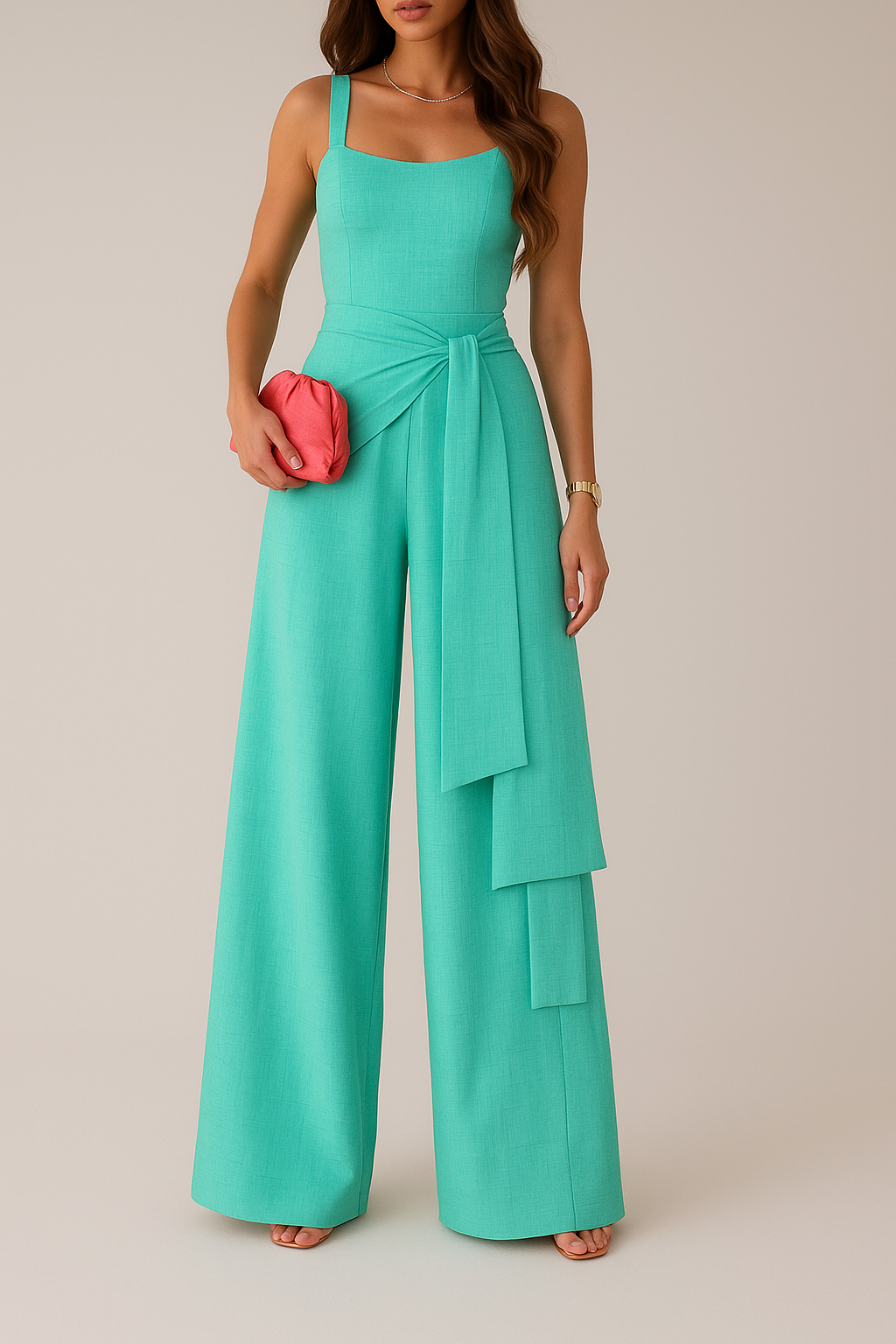Women’s Jumpsuit – Sleeveless Square Neck – Wide Leg – Adjustable Waist – Linen Blend