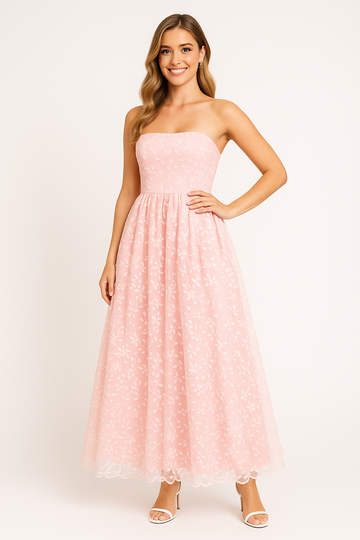 Women’s Strapless Evening Dress – Lace Embroidered – Flowy Full-Length Fit