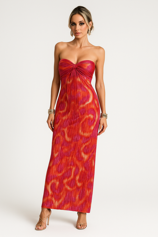 Pleated Abstract Print Slim Fit Maxi Dress