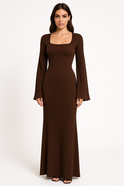 Women’s Long Sleeve Dress – Ribbed Knit – Slim Fit – Square U-Neck – Bell Sleeves