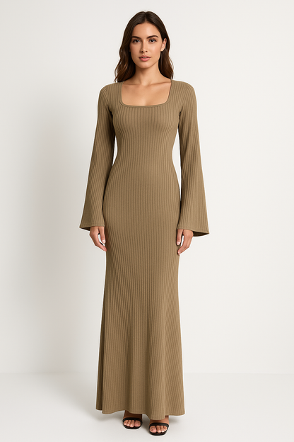Women’s Long Sleeve Dress – Ribbed Knit – Slim Fit – Square U-Neck – Bell Sleeves