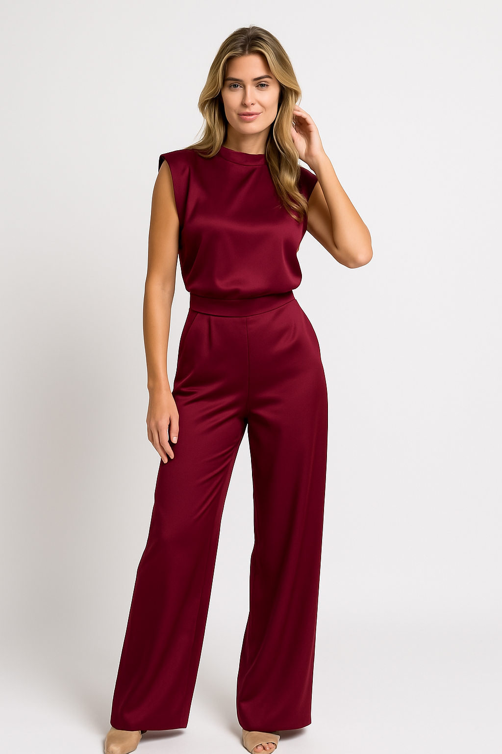 Women’s Jumpsuit – Satin Finish – Sleeveless – Open Back – Wide Leg – Relaxed Fit