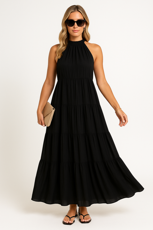 Flowing Cinched Waist Halter Dress