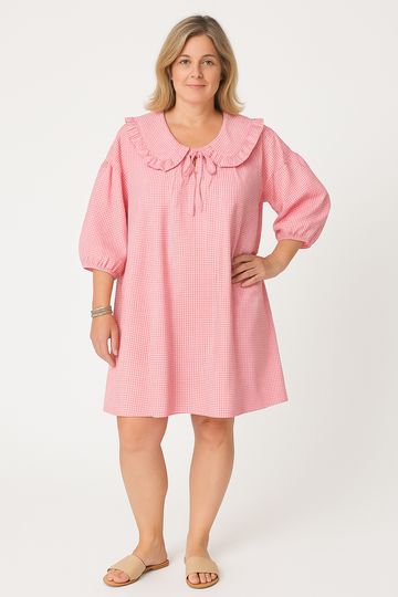 Women’s A-Line Dress – Cotton Mini – Balloon Sleeve – Ruffled Collar – Checkered