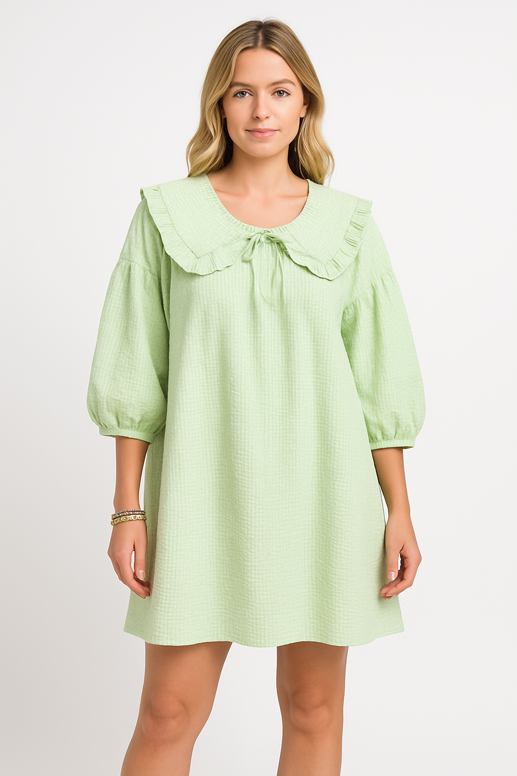 Women’s A-Line Dress – Cotton Mini – Balloon Sleeve – Ruffled Collar – Checkered