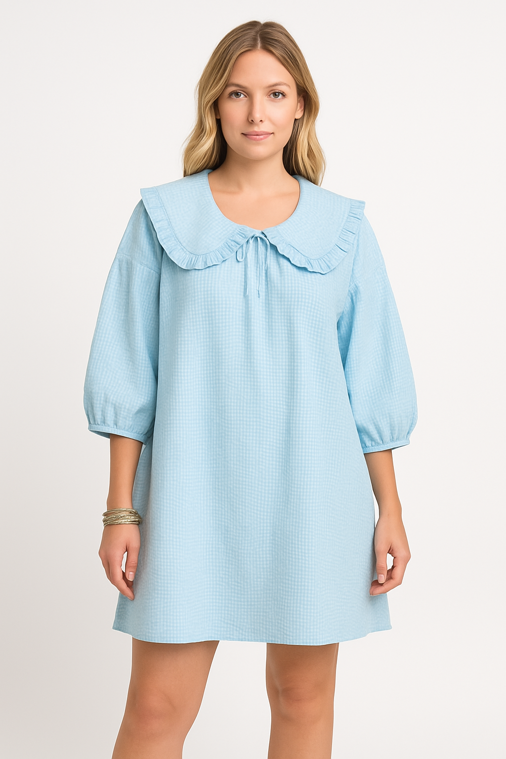 Women’s A-Line Dress – Cotton Mini – Balloon Sleeve – Ruffled Collar – Checkered