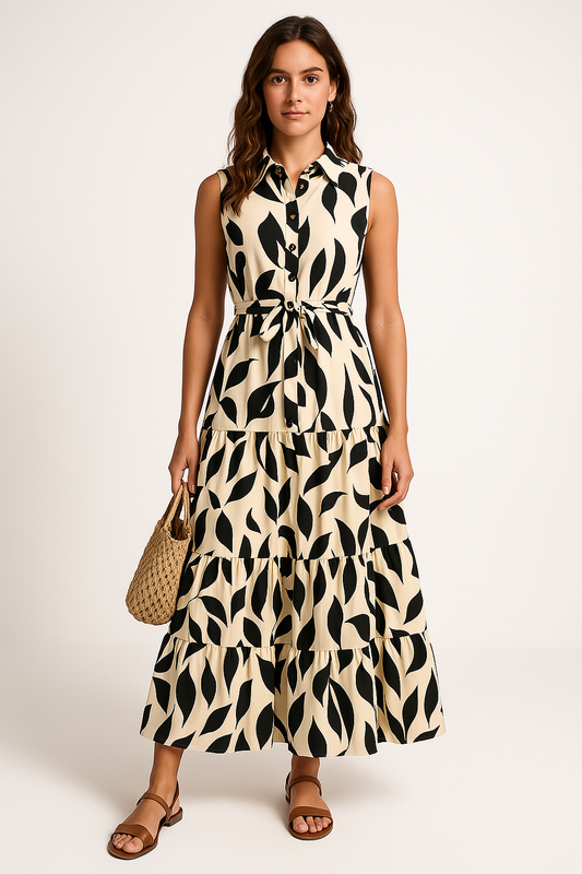 Leaf Print Fit and Flare Long Dress