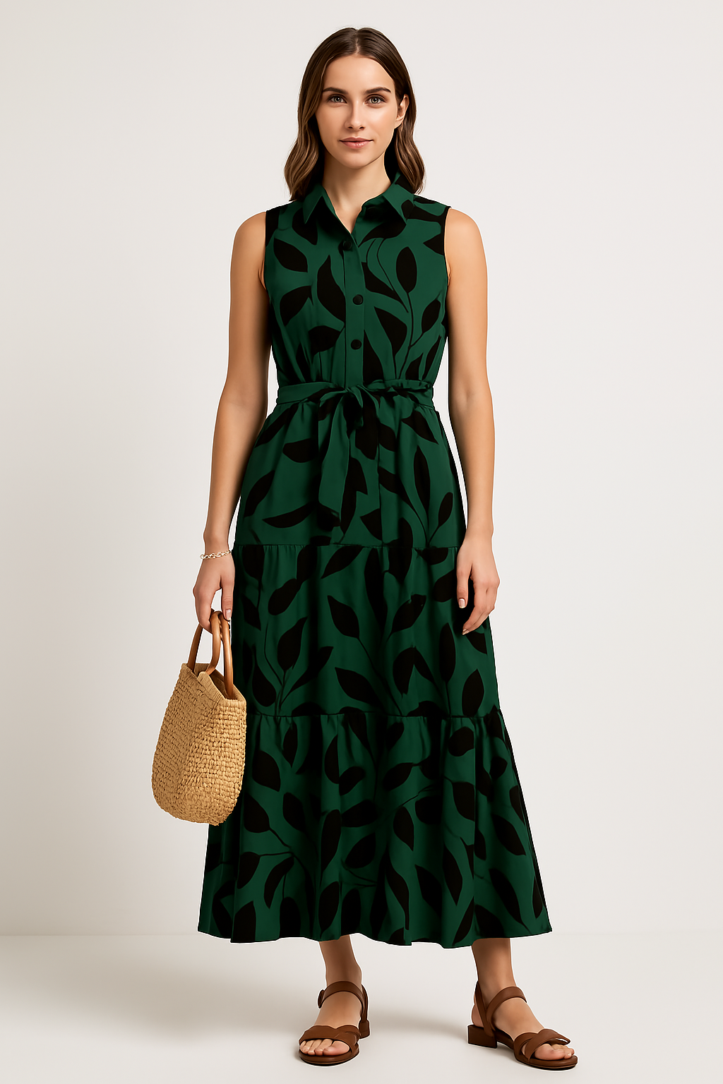 Leaf Print Fit and Flare Long Dress