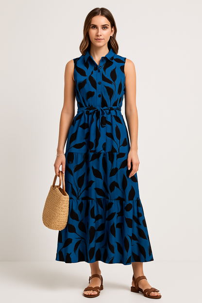 Women’s Long Dress – Fit and Flare – Sleeveless Collared – Leaf Print – Ruffle Hem