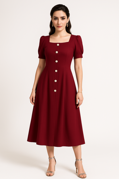 Women’s Knitted Midi Dress – Slim Fit – A-Line – Puff Sleeve – Button Front