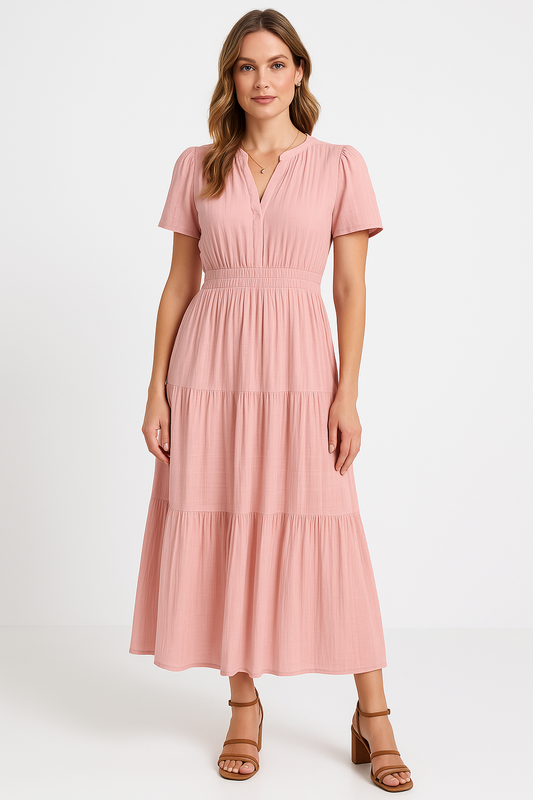 Puff Sleeve Ruched Waist Maxi Dress
