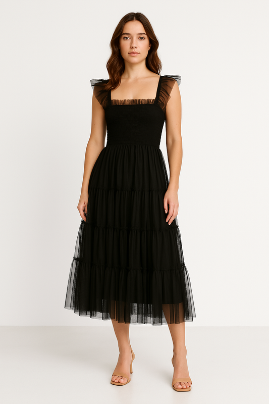 Smocked Bodice Tiered Mesh Midi Dress