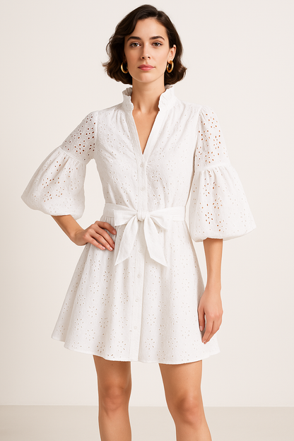 Women’s A-Line Cardigan Dress – 100% Cotton – Lace Eyelet – Puff Sleeve – Tie Waist
