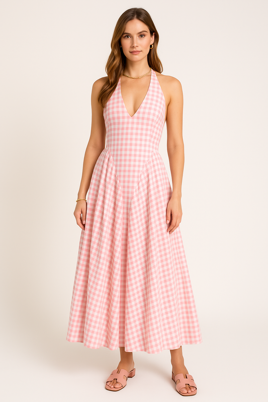 Pleated Slim Fit Halter Neck Midi Dress