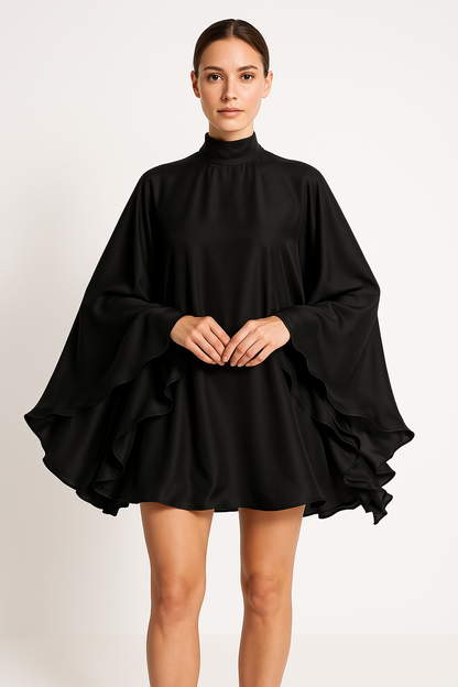Women’s Short Dress – Lightweight Fabric – Flowing Fit – Ruffled Sleeves – Half-High Neck