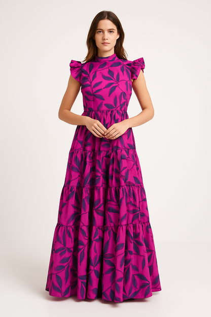 Women’s Maxi Dress – Fit and Flare – Ruffled Sleeves – Tiered Skirt – Bold Print