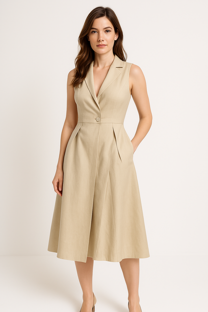 Women’s Midi Dress – V-Neck Button Front – Tailored Fit – Sleeveless Flared Skirt
