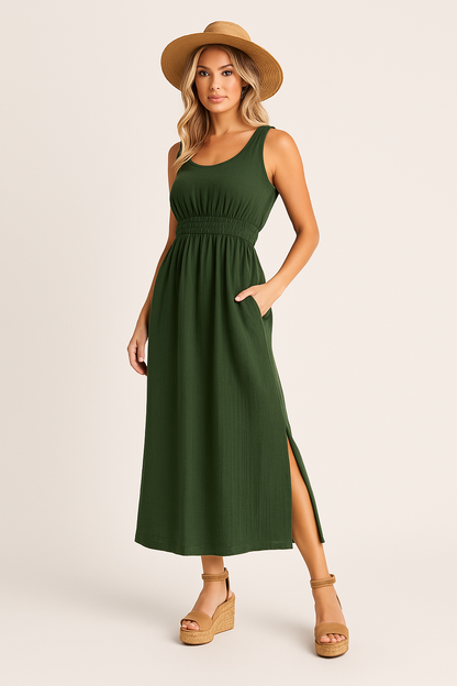 Women’s Sleeveless A-Line Dress – Midi Length – Scoop Neck – Side Pockets – Relaxed Fit