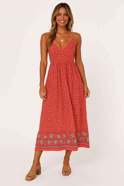 Women’s Maxi Dress – Floral Print – V-Neck – Strappy Boho Fit – Lightweight Fabric