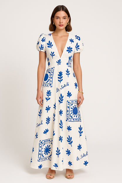 Women’s Maxi Dress – V-Neck – Puff Sleeve – A-Line Skirt – Cotton Linen Blend