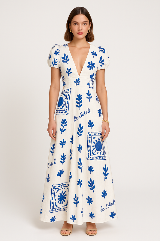 Cotton Linen Blend Puff Sleeve Maxi Dress