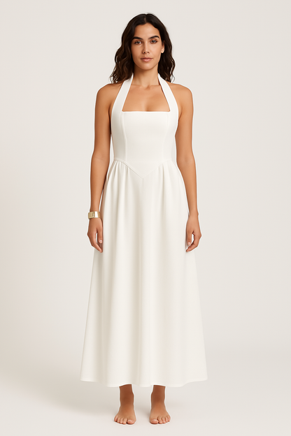 Women’s Halter Neck Dress – Backless – Fitted Bodice – Flared Maxi – Lightweight Fabric