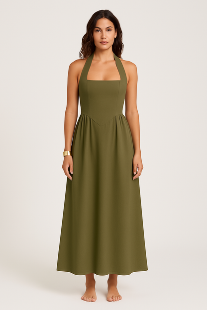 Women’s Halter Neck Dress – Backless – Fitted Bodice – Flared Maxi – Lightweight Fabric