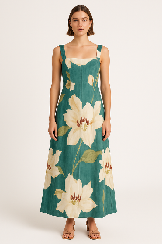 Floral Print A-Line Cotton Blend Maxi Dress