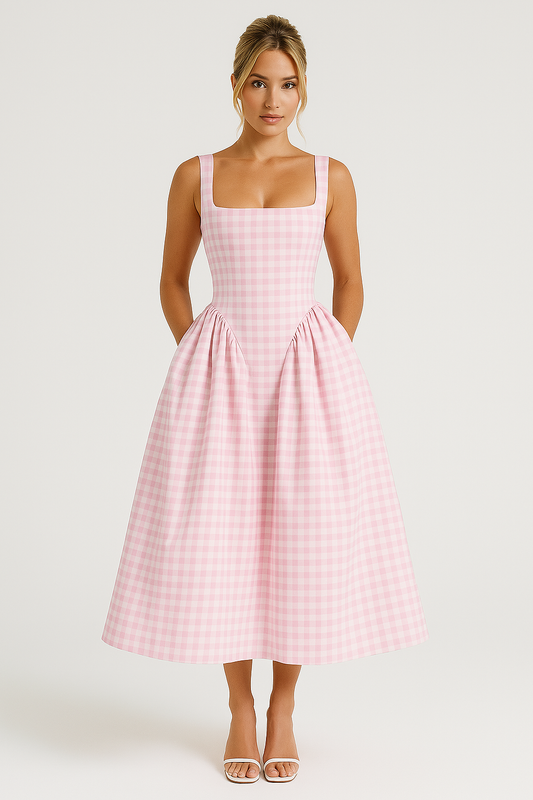 Checkered Cotton Blend Princess Silhouette Midi Dress