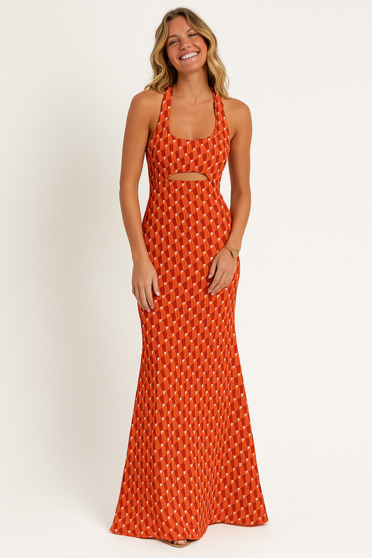 Printed Halter Neck Slim Fit Long Dress
