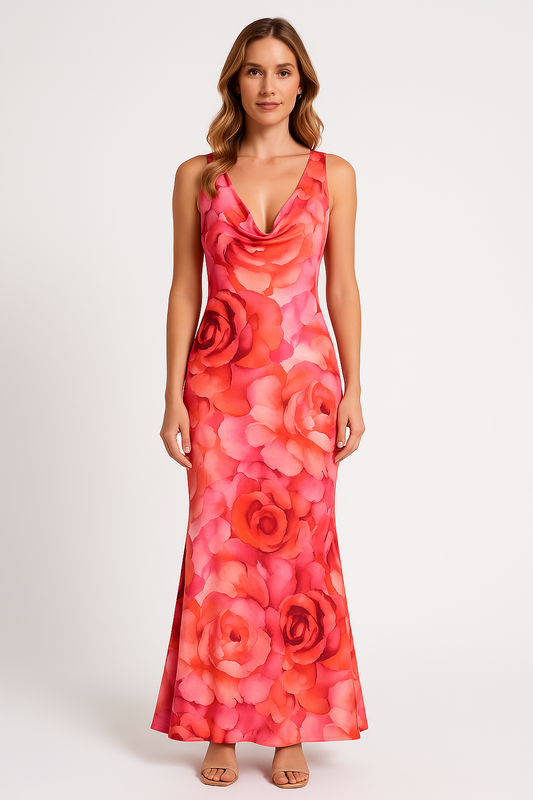 Stretch Fit Floral Print Maxi Dress