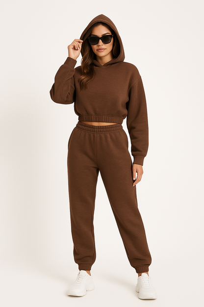 Women’s Hoodie and Pants Set – Relaxed Fit – Cotton – Cropped Top – Ribbed Cuffs