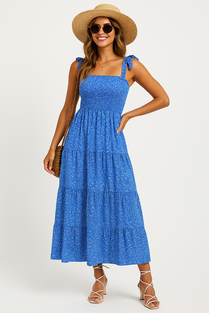 Women’s Maxi Dress – Fitted Bodice – Tie Straps – Tiered Skirt – Lightweight Cotton