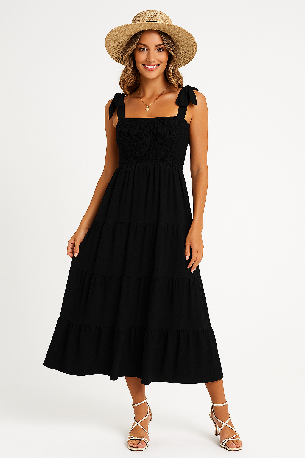 Women’s Maxi Dress – Fitted Bodice – Tie Straps – Tiered Skirt – Lightweight Cotton